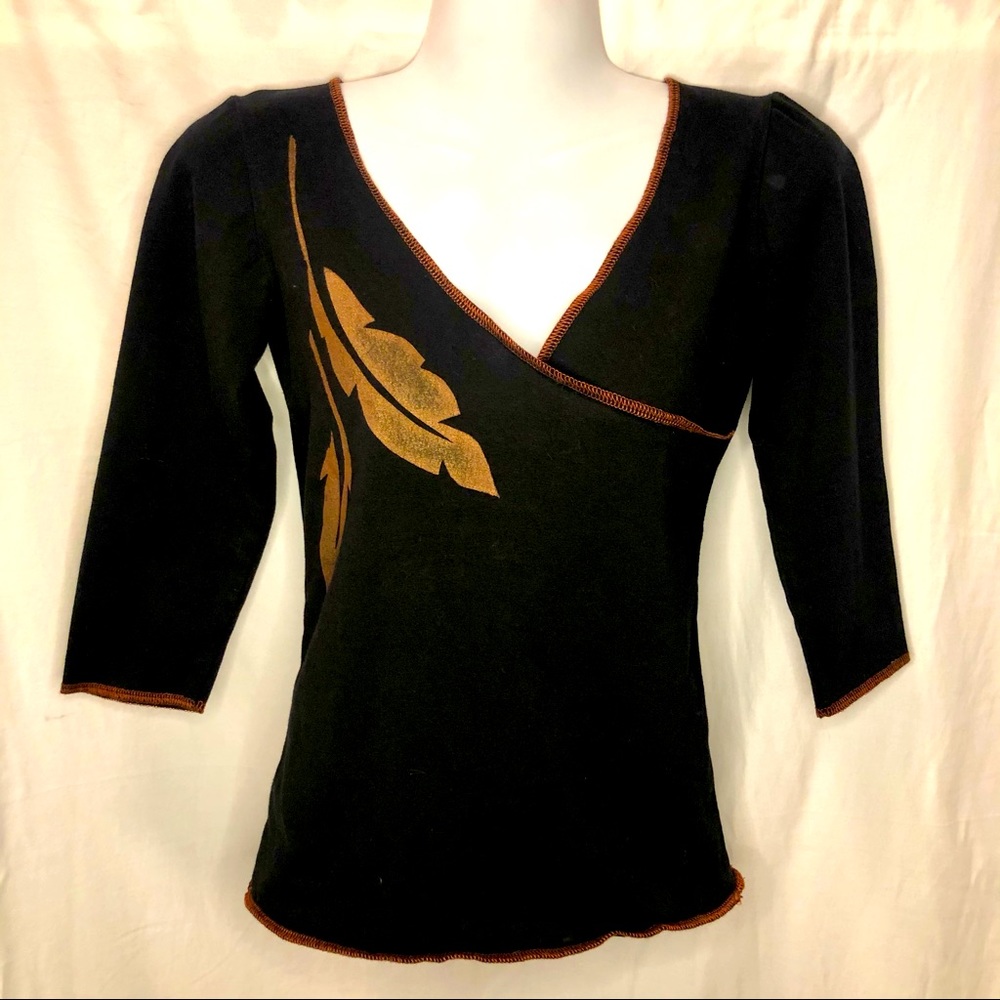 3/4 Length Sleeve Black Organic Top Gold Leaves